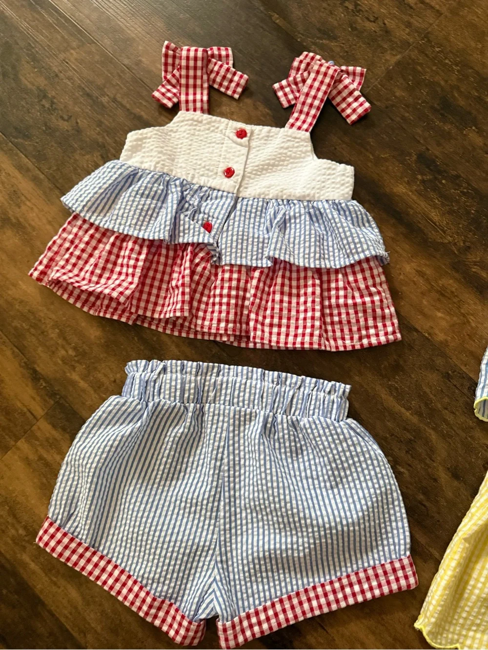 Rare Editions 12 month Summer Seersucker Outfit Set - Red, Blue, Yellow